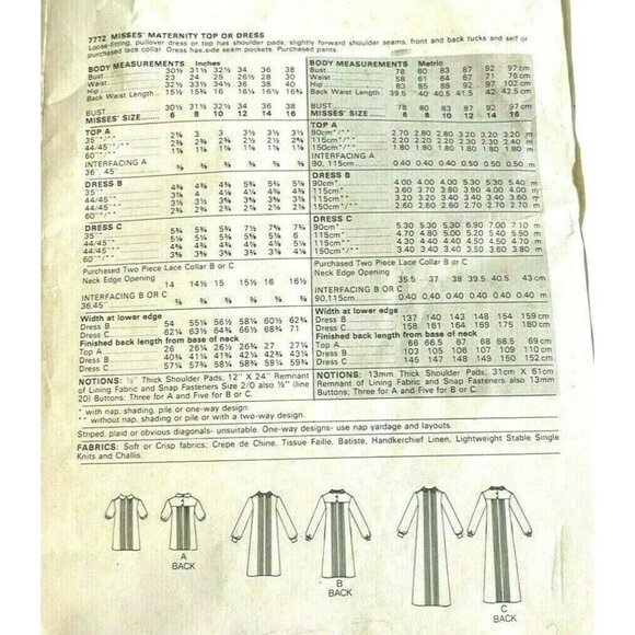 Sewing Pattern Vogue 7772 Maternity Misses Top or Dress Size 12 Bust 34 Uncut VG - Picture 6 of 6